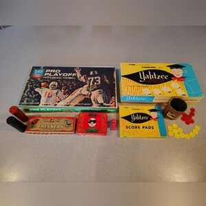 50-60s Vtg Lot 4 Games 100% Complete Football Board Game Yahtzee Checkers Cards
